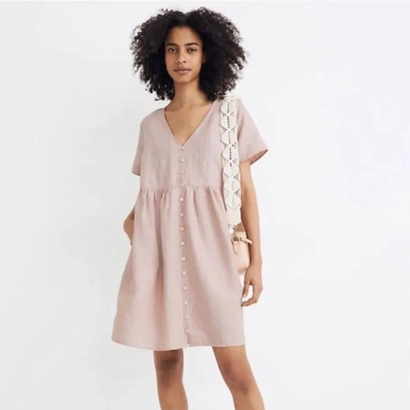 MADEWELL Linen Blend V-Neck Button Front Mini Dress in Antique Coral - Picture 1 of 9